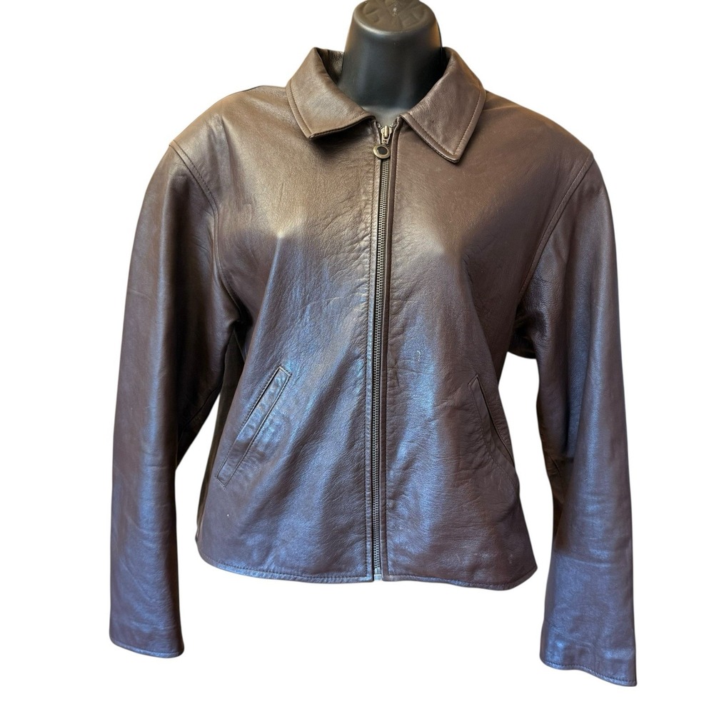 Vintage Evan Davies Leather Moto Jacket Sz 8 Brown Full Zip Lined Collared